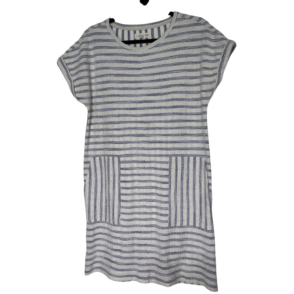 Lou & Grey for LOFT Striped T-Shirt Dress Blue White Textured Knit Pockets Sz S